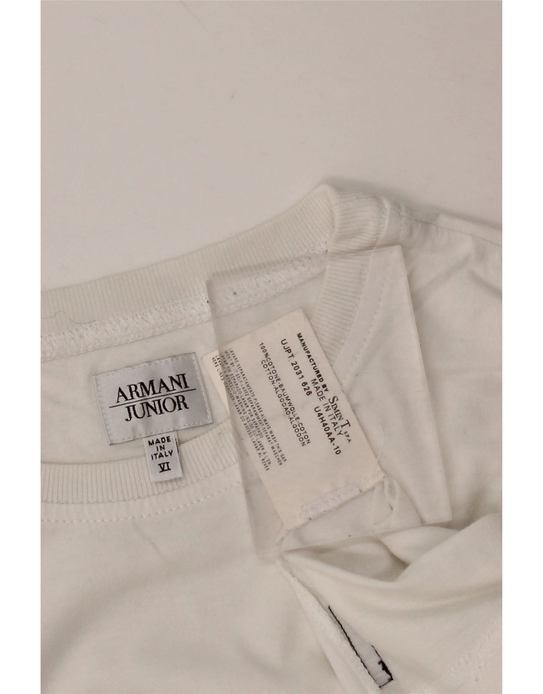 ARMANI JUNIOR Chłopięcy T-shirt z grafiką, 11-12 lat, biała bawełna