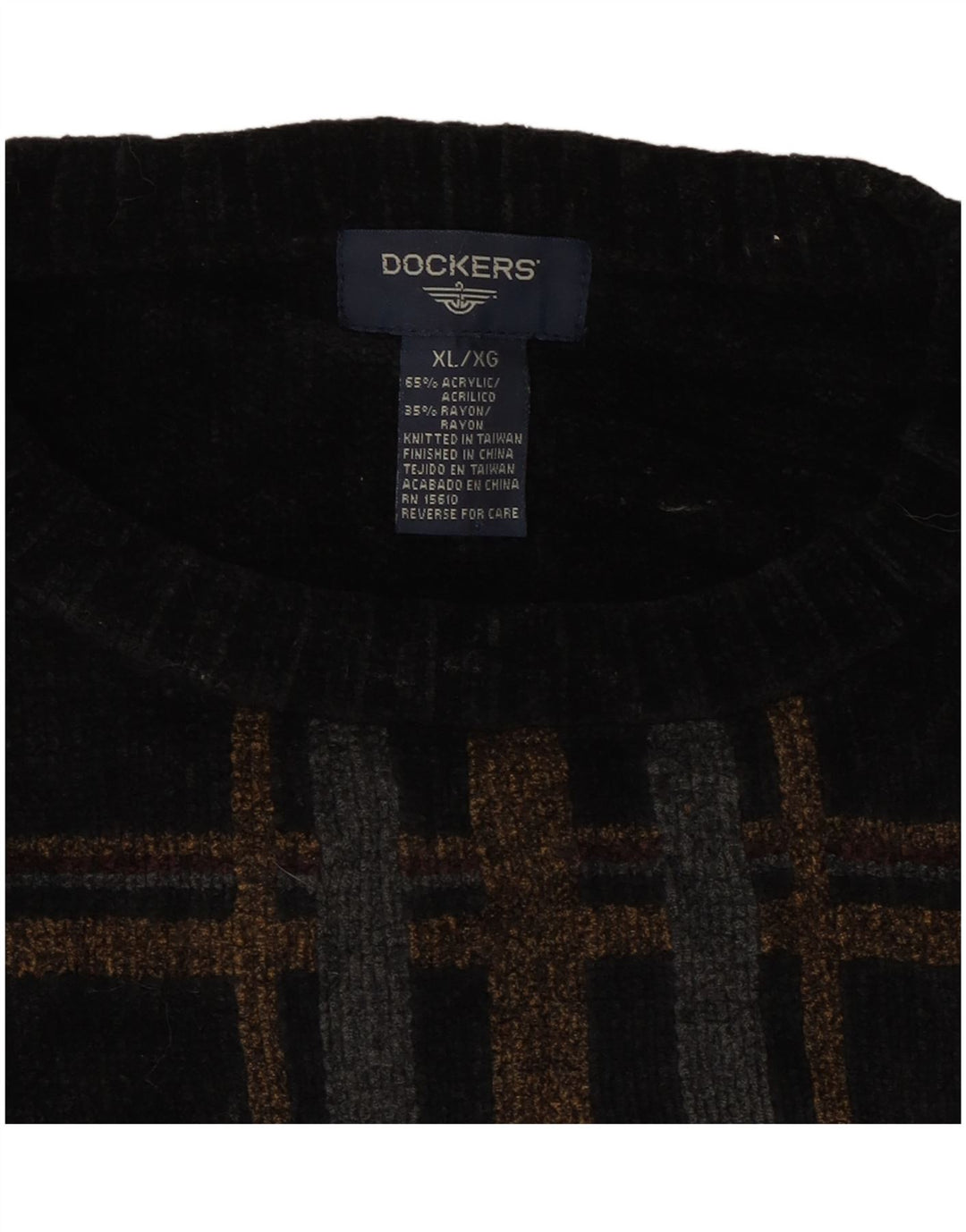 Męski sweter z okrągłym dekoltem DOCKERS XL, akryl w czarną kratkę