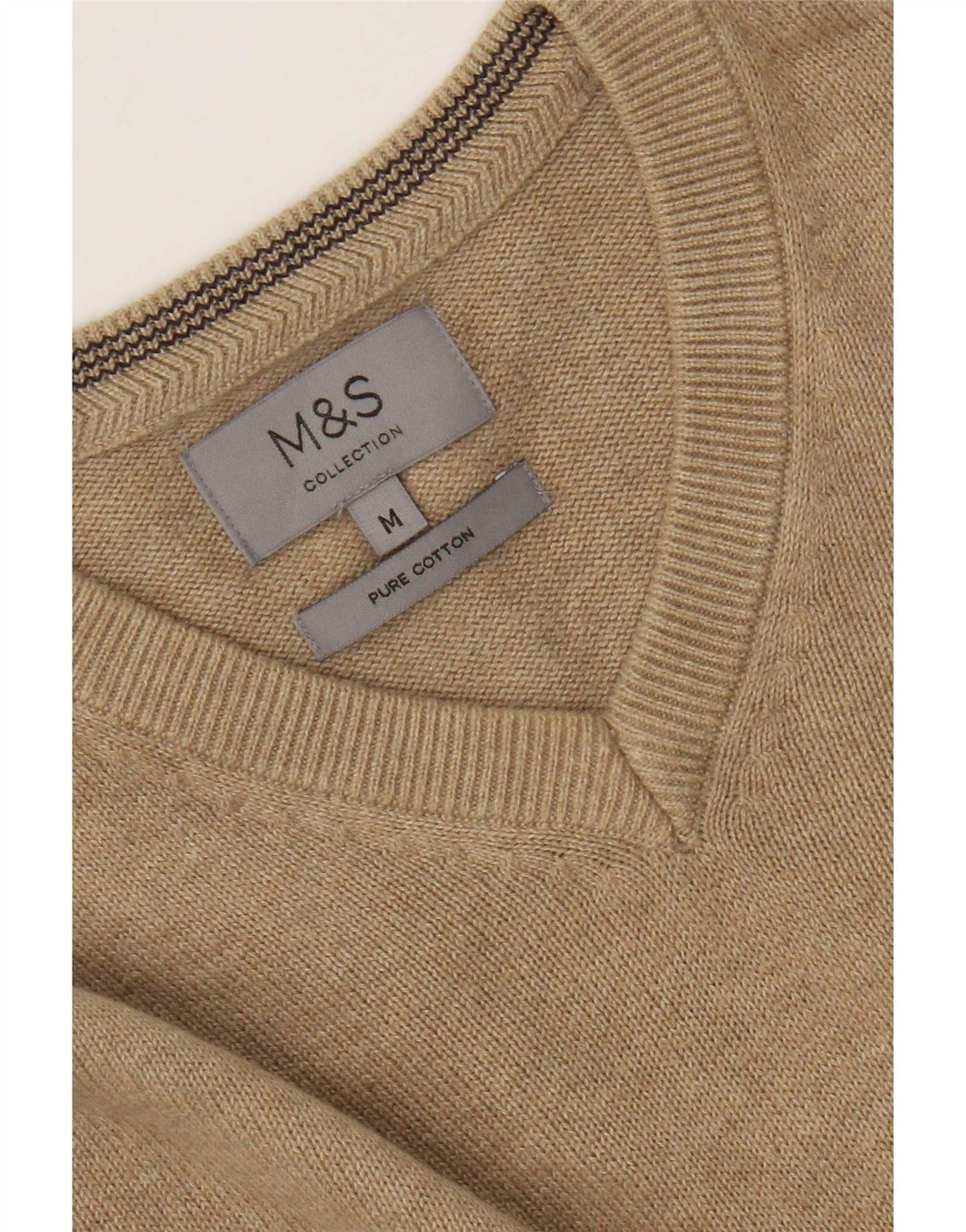 Marks & Spencer Męski sweter z dekoltem w kształcie litery V, średniej wielkości beżowy, bawełniany w plamki