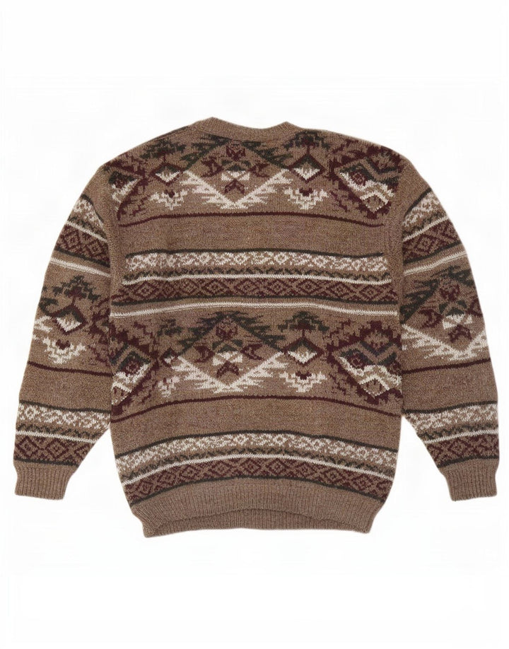 Męski sweter z okrągłym dekoltem Kennington, duży, brązowy, wełna Fair Isle