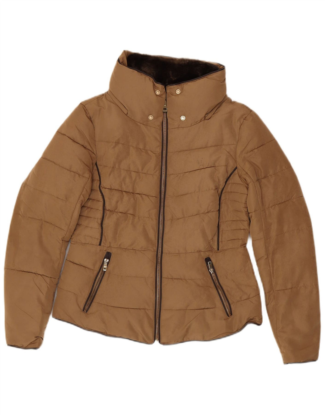 Damska ocieplana kurtka Zara UK 16, duża, brązowa, poliester