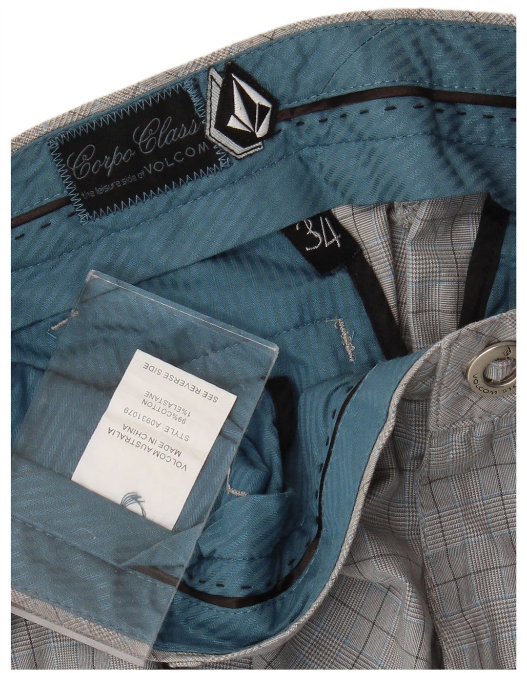 Męskie spodenki Chino Volcom W34, duże, szare, bawełniane w kratkę