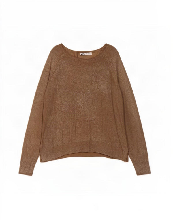 Damski sweter oversize z dekoltem w łódkę Zara UK 16, duży, brązowy, wiskoza
