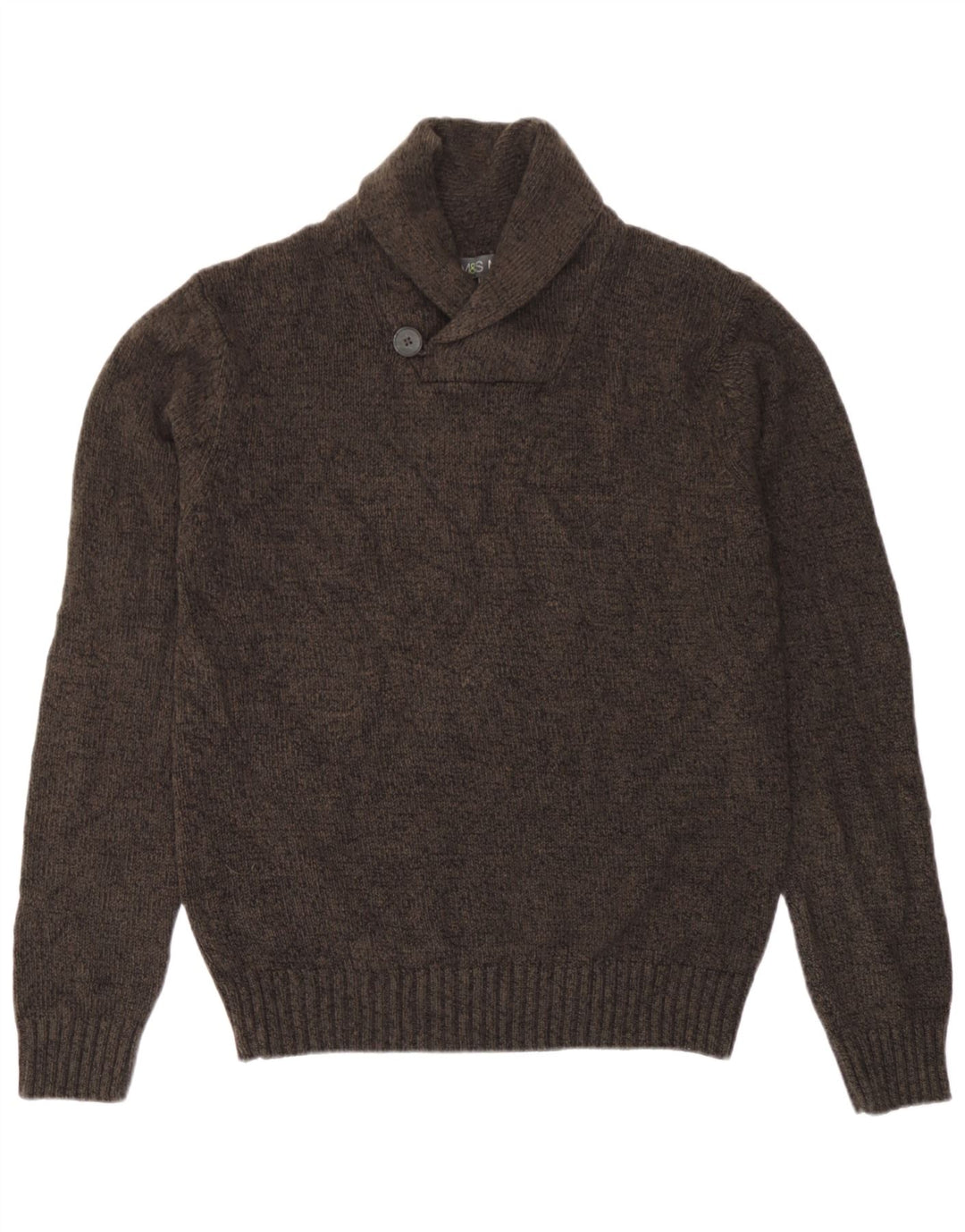 Marks & Spencer Męski sweter z szalowym dekoltem, mały, brązowy, nakrapiany akryl