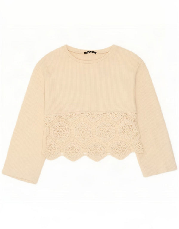 Zara Womens Crop Top Long Sleeve UK 10 Small Off White