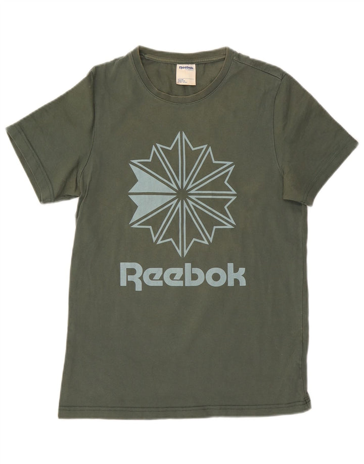 REEBOK Męski klasyczny T-shirt z grafiką, mały, zielony, bawełniany