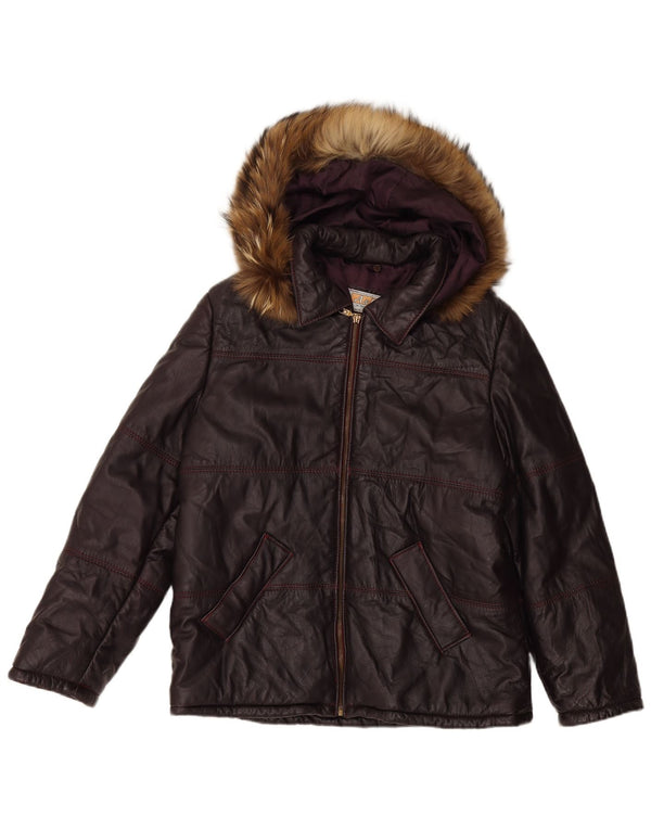 Damska skórzana kurtka z kapturem VINTAGE UK 16, duża bordowa