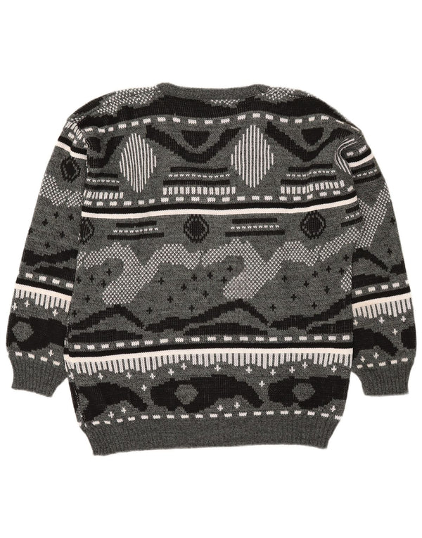 Vintage męski sweter z dekoltem w kształcie litery V, XL, szary, geometryczny akryl