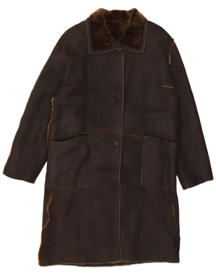 Zamszowy płaszcz damski VINTAGE UK 16, duży, brązowy