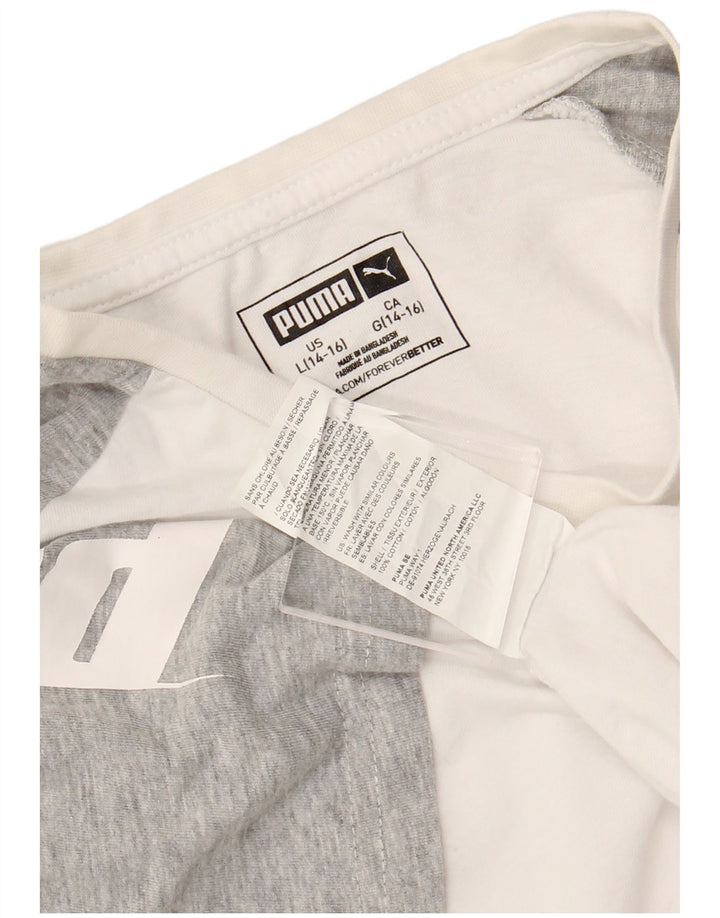 Chłopięcy T-shirt z grafiką PUMA, rozmiar 12-13 lat, duża, biała, bawełniana w bloki kolorów