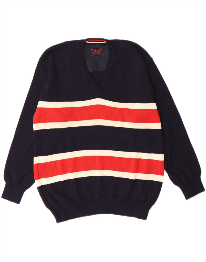 BARONI Mens V-Neck Jumper Sweater Medium Navy Blue Striped