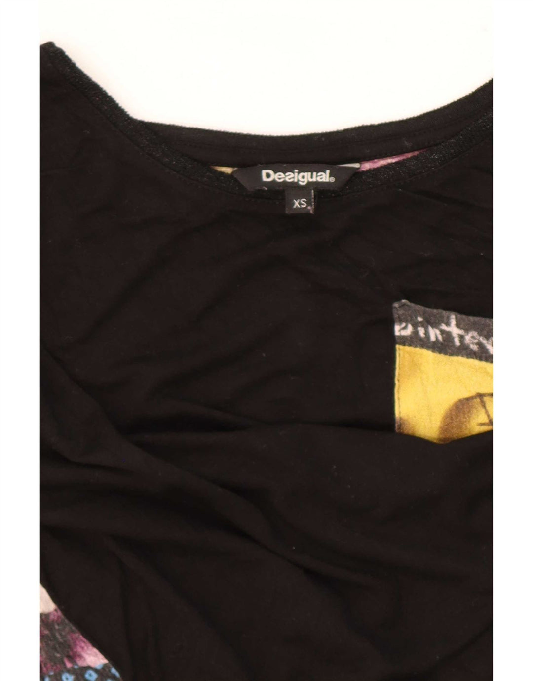 Damska bluzka z długim rękawem i grafiką Desigual, czarna patchworkowa, UK 6 XS
