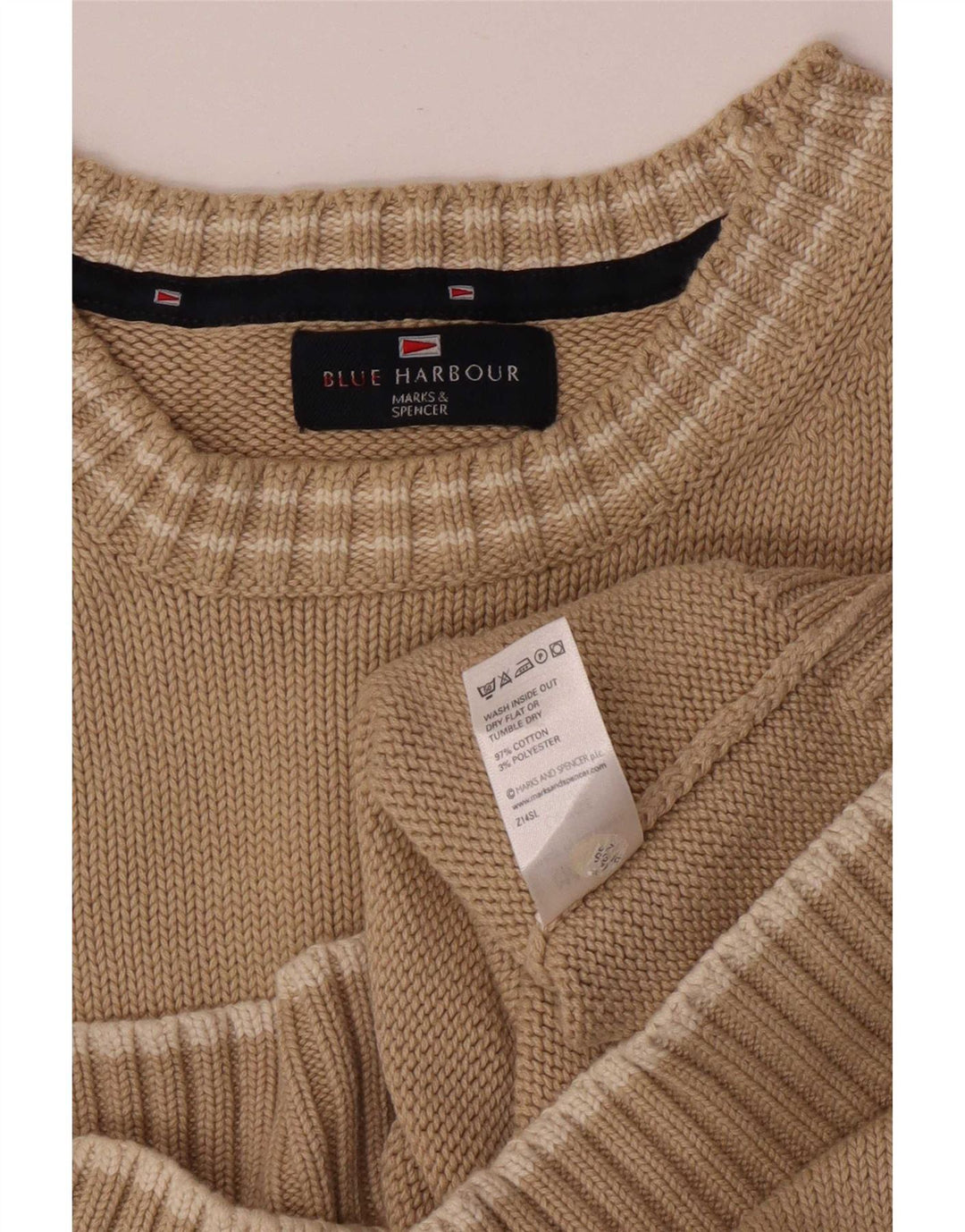Męski sweter Marks & Spencer Blue Harbor z okrągłym dekoltem, duży, beżowy