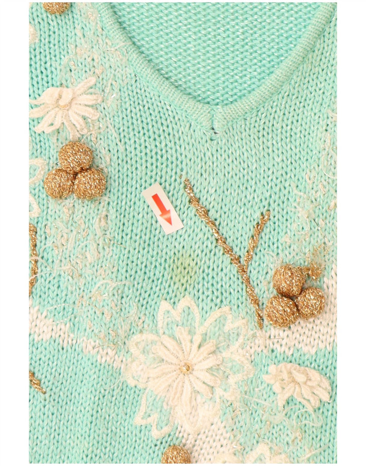 Sweter damski w stylu vintage z dekoltem w kształcie litery V IT 44 Średni turkusowy poliakryl