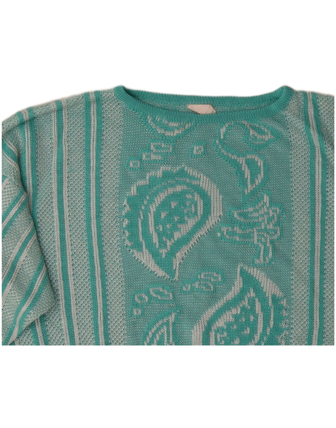 Sweter damski VINTAGE z dekoltem w łódkę UK 12 Średni turkusowy wzór paisley