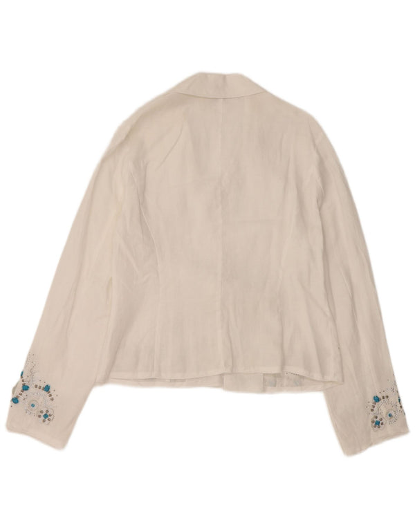 Top damski kardigan DERBY UK 14, duży, biały, w kwiatowe ramie