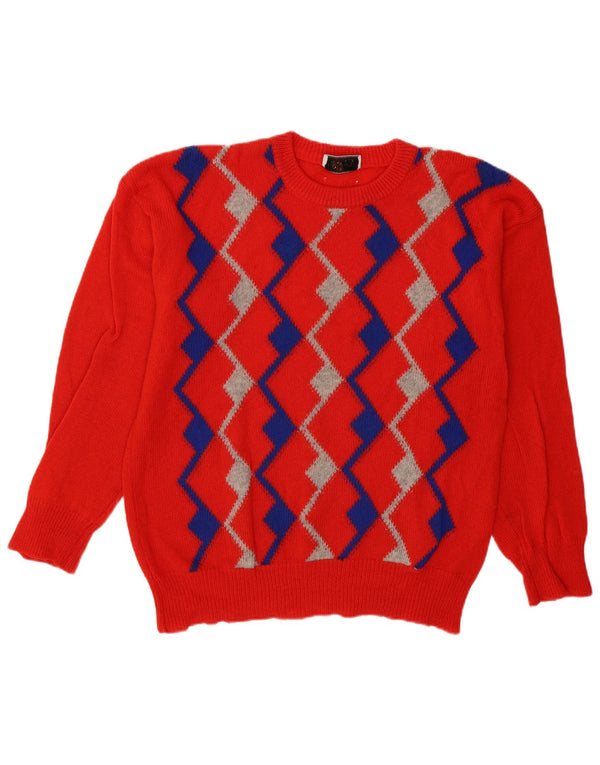 Vintage męski sweter z okrągłym dekoltem, duży czerwony Argyle/diament