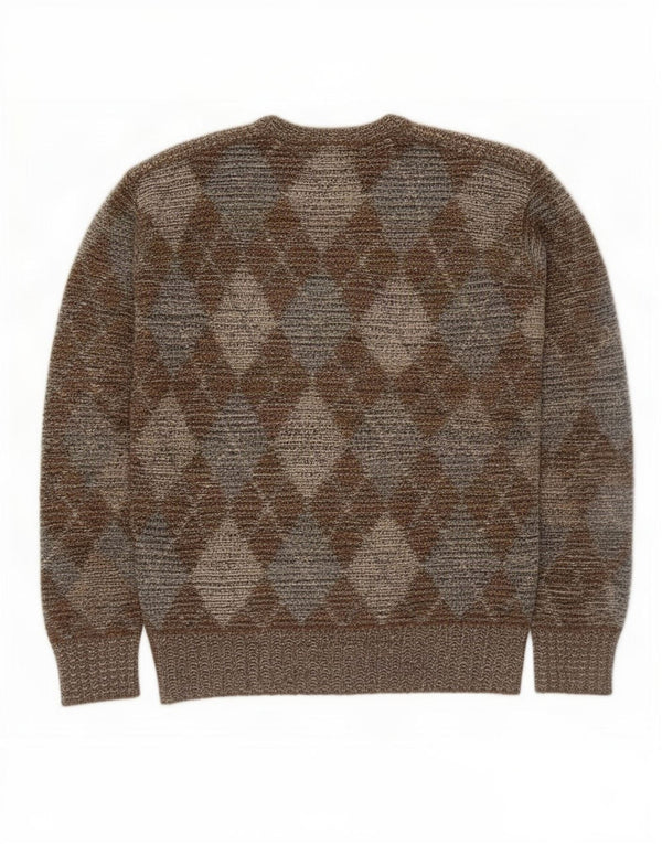Vintage męski sweter z okrągłym dekoltem, średni khaki, argyle/diamentowa wełna