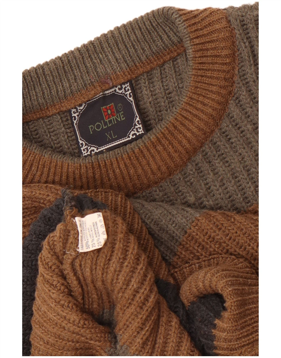 Vintage męski sweter z okrągłym dekoltem XL, akrylowy, w brązowe paski