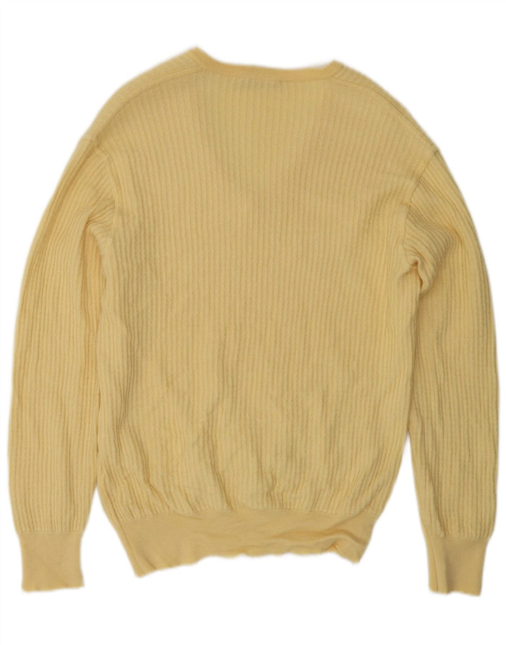 Sweter męski w stylu vintage z dekoltem w szpic, średniej żółtej wełny