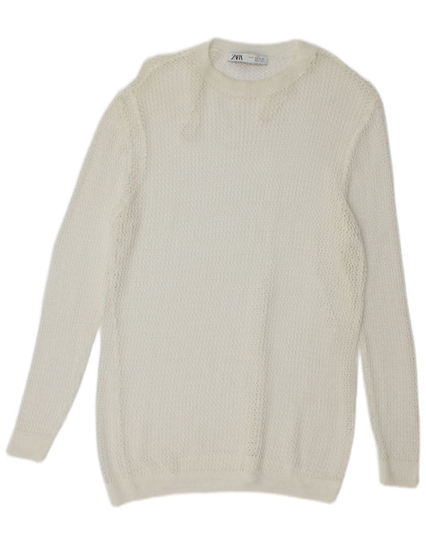 Zara Womens Oversized Crochet Crew Neck Jumper Sweater UK 10 Small White