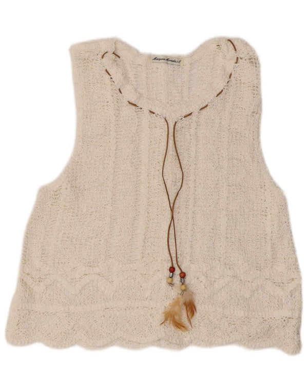 Vintage damska szydełkowa bluzka bez rękawów, UK 12, średnia biała bawełna