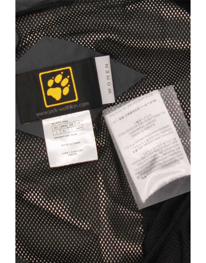 Damska kurtka przeciwdeszczowa z kapturem JACK WOLFSKIN UK 14/16, duża, szara, z blokami kolorów