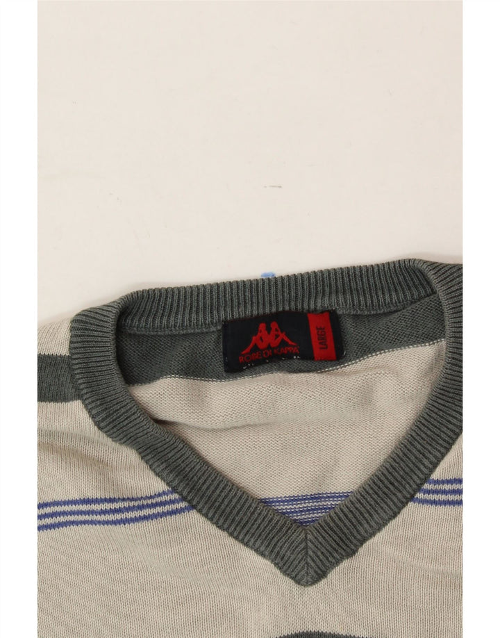 KAPPA Mens V-Neck Jumper Sweater Large Grey Striped Cotton Vintage Kappa and Second-Hand Kappa from Messina Hembry 