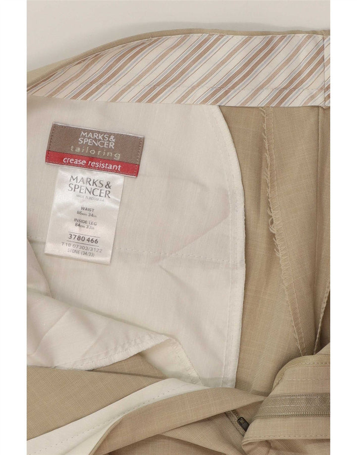Męskie proste spodnie garniturowe Marks & Spencer W34 L28 Beżowy poliester