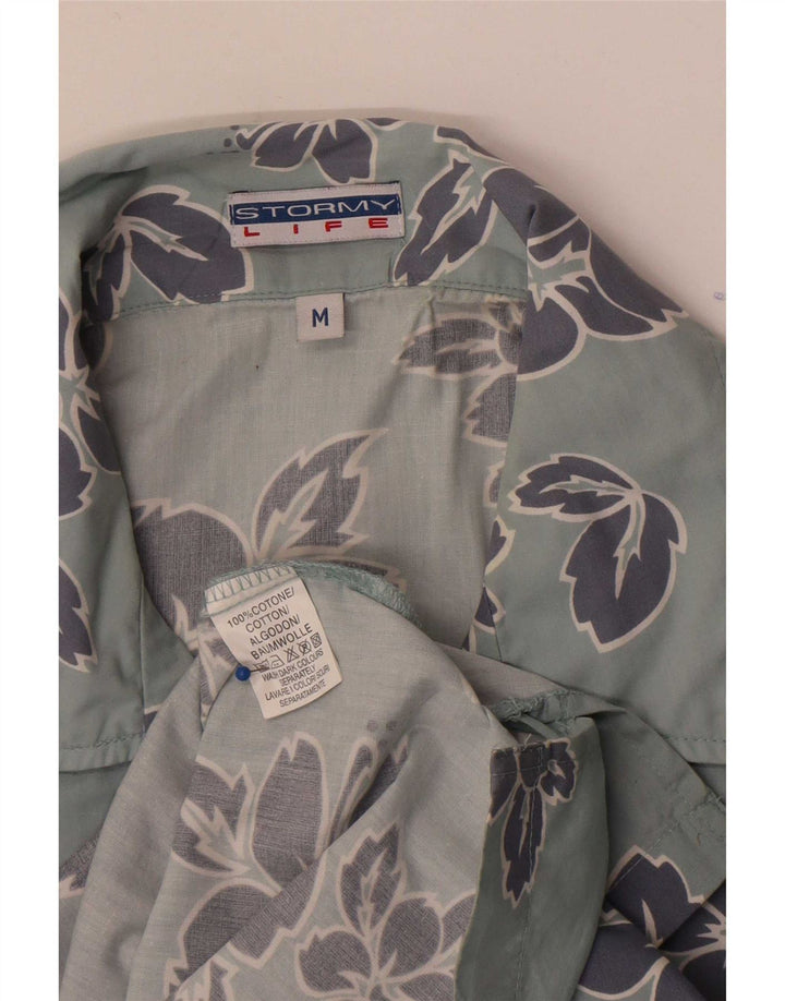 Koszula męska z krótkim rękawem w stylu vintage, średnia niebieska, bawełniana w kwiaty