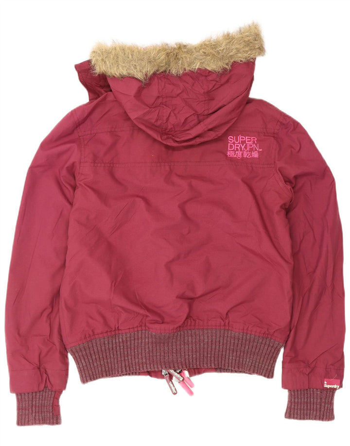 Damska kurtka bomber z kapturem Superdry UK 14, średni bordowy poliester