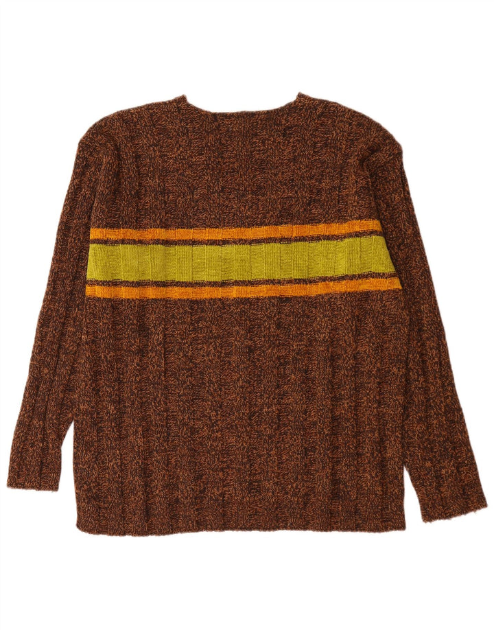 Męski sweter w stylu vintage z dekoltem w szpic, duży, brązowy, wełniany blok kolorów