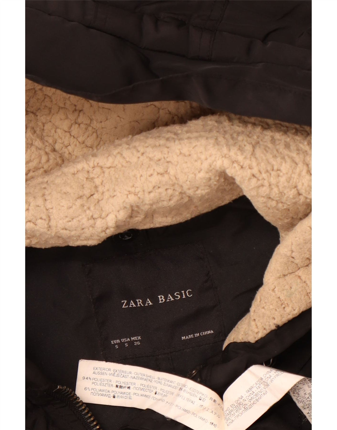Damska kurtka parka z kapturem Zara UK 10, mała czarna, poliester