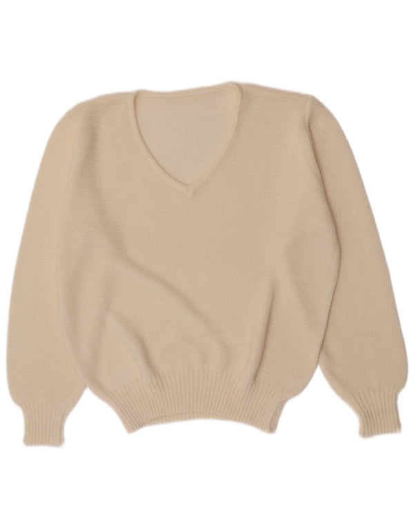 Sweter damski w stylu vintage o regularnym kroju z dekoltem w kształcie litery V, UK 10, mały, biały akryl