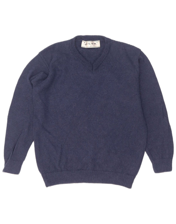 Vintage męski sweter z dekoltem w kształcie litery V, XL, granatowy, wełna z alpaki