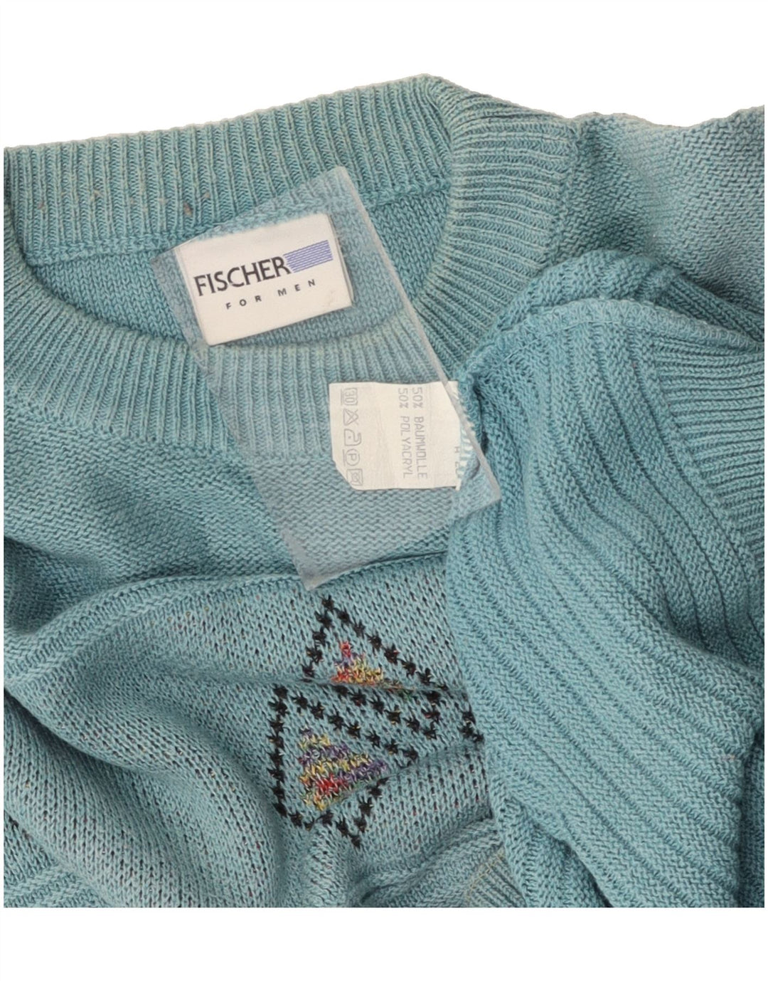 FISCHER Mens Crew Neck Jumper Sweater Large Blue Argyle/Diamond Cotton Vintage Fischer and Second-Hand Fischer from Messina Hembry 