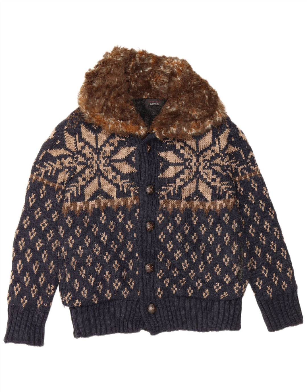 Zara Męski sweter rozpinany, średni granatowy, akryl Fair Isle