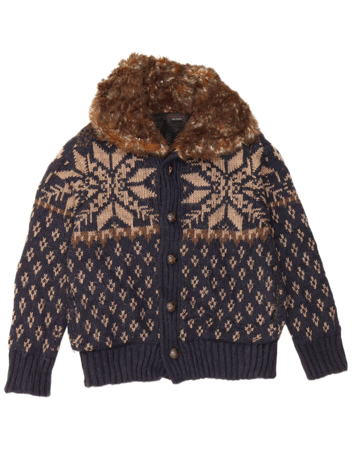 Zara Męski sweter rozpinany, średni granatowy, akryl Fair Isle