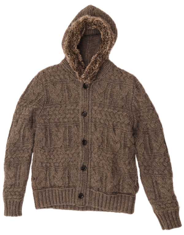 Zara Mens Hooded Cardigan Sweater Large Brown Flecked Acrylic