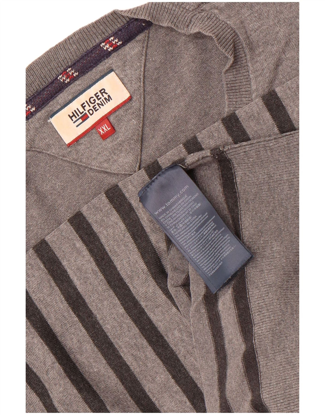 Męski sweter z okrągłym dekoltem Tommy Hilfiger 2XL, szara, bawełniana w paski