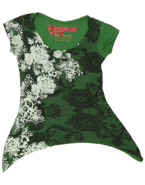 Desigual damski graficzny asymetryczny top tunikowy UK 14, duży, zielony w kwiaty