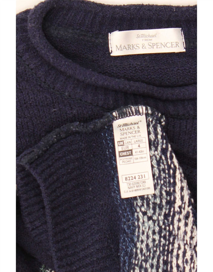 Marks & Spencer Męski sweter z okrągłym dekoltem, duży, granatowy Fair Isle