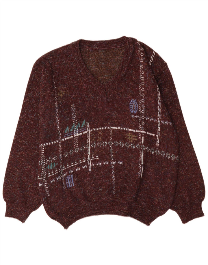 Męski sweter w stylu vintage z dekoltem w szpic IT 48 Średni brązowy geometryczny poliakryl