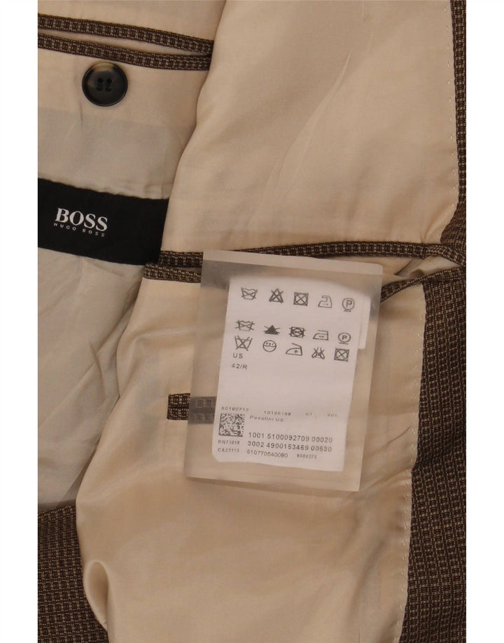 Męska marynarka zapinana na 2 guziki Hugo Boss US 42 XL Brązowa kratka z dziewiczej wełny