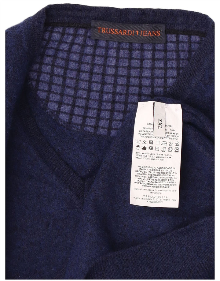 Męski sweter TRUSSARDI z dekoltem w kształcie litery V, 2XL, granatowo-wełniany