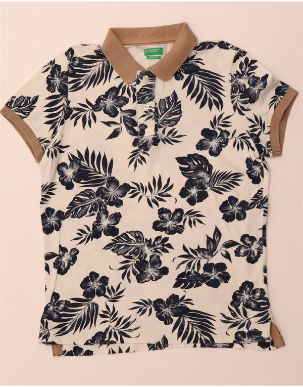 BENETTON Mens Muscle Fit Polo Shirt Large White Floral Cotton