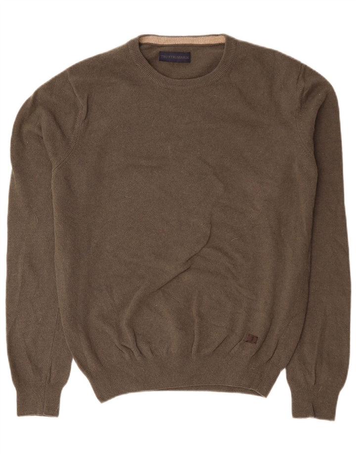 Męski sweter z okrągłym dekoltem TRUSSARDI, duży, szary, wełniany