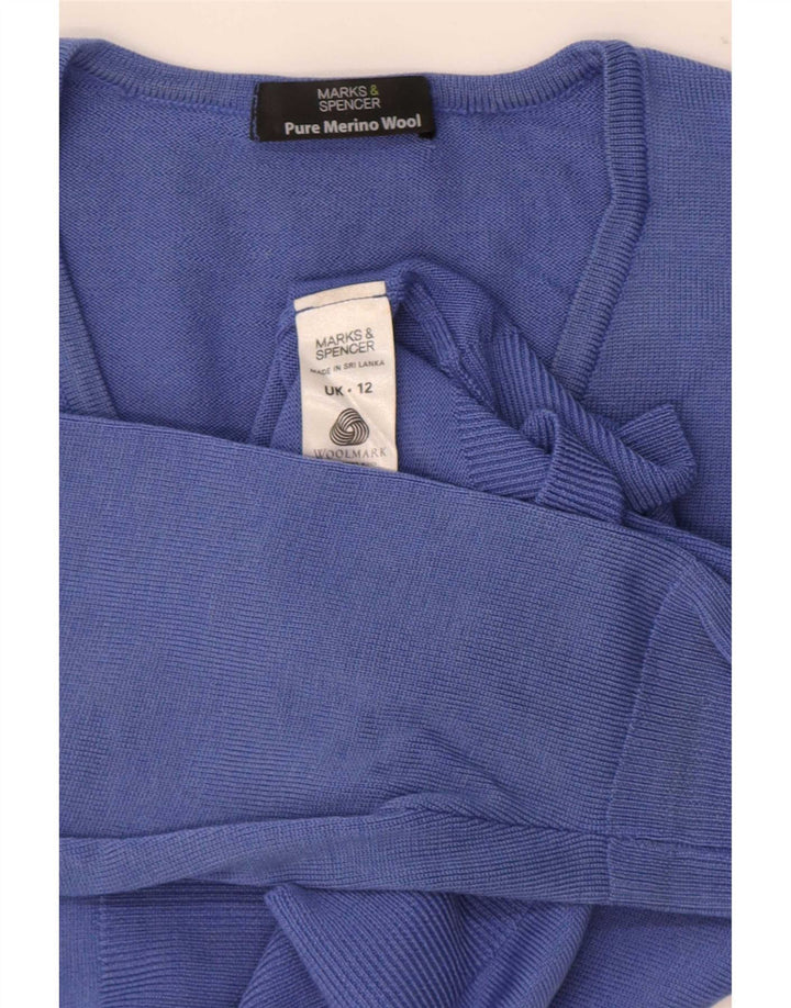 Sweter damski Marks & Spencer z dekoltem w kształcie litery V, UK 12, średni niebieski, wełna merynosowa