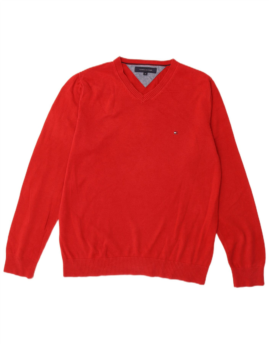 TOMMY HILFIGER Męski sweter z dekoltem w kształcie litery V, średnioczerwony, bawełniany