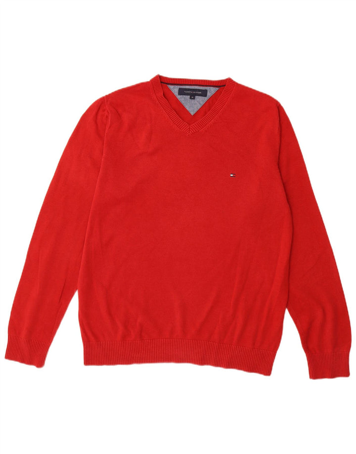 TOMMY HILFIGER Męski sweter z dekoltem w kształcie litery V, średnioczerwony, bawełniany
